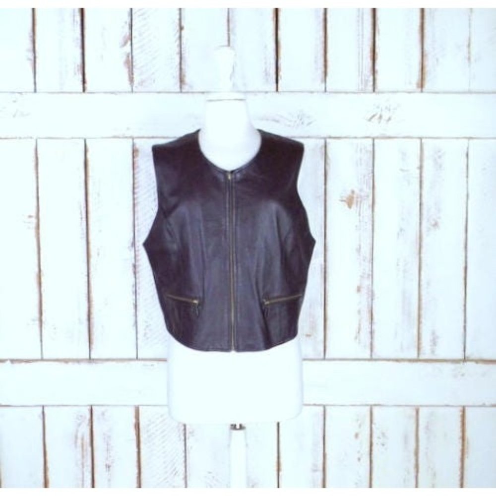 90s vintage dark brown leather zipper front vest
